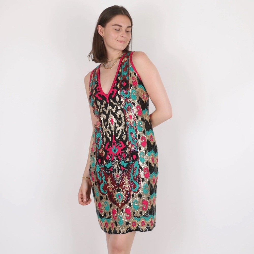 Naeem Khan Silk Sequin Knee-Length Dress Multicolor Sleeveless Size 12